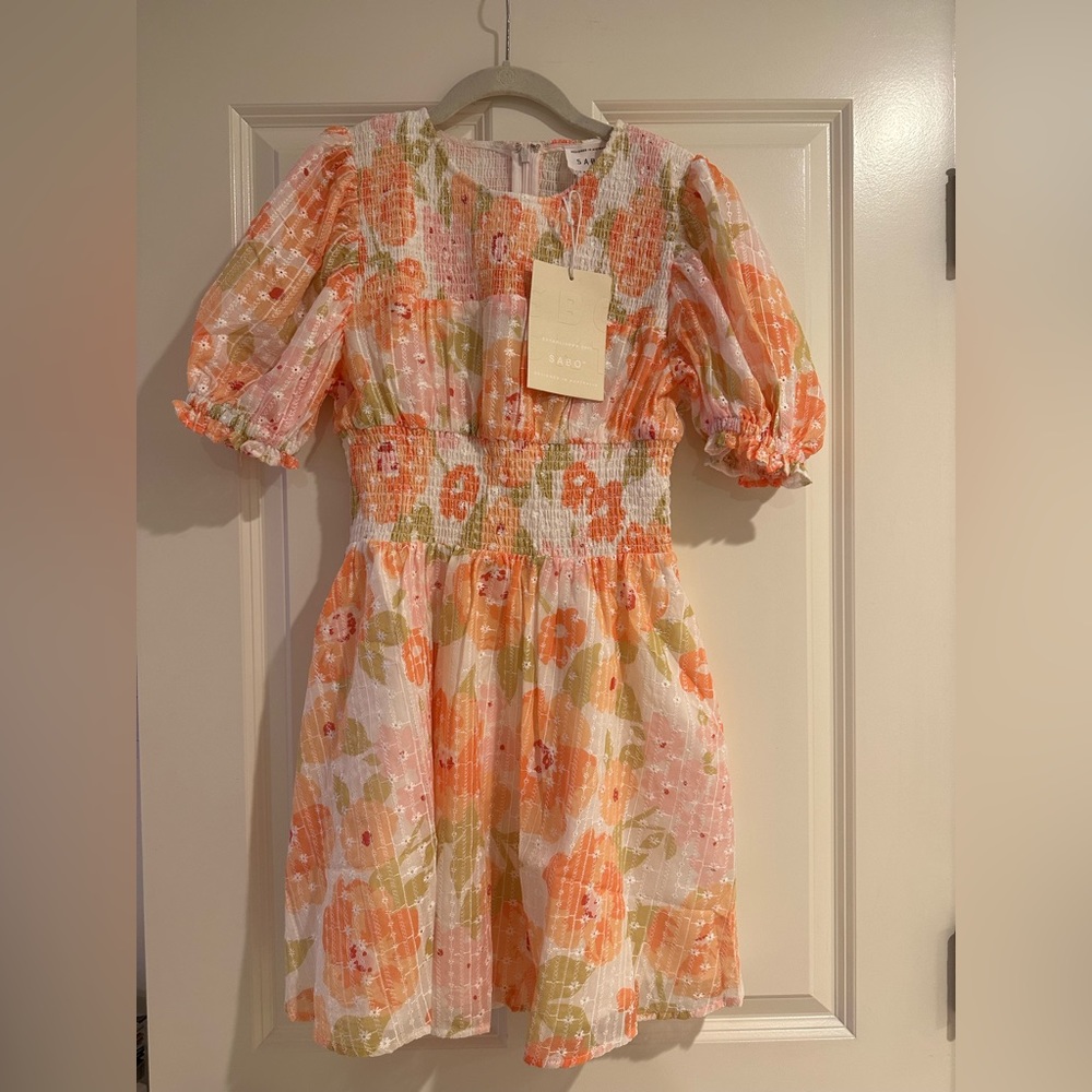 Sabo Skirt Floral Smocked Mini Dress in Peach, Olive & White